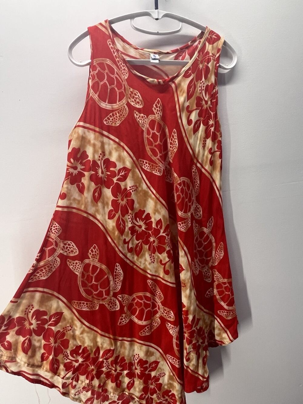 Women’s Hawaiian Sea Turtle Hibiscus Rayon Swing Dress Free Size Red Tropical